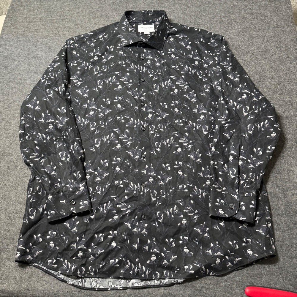 Charles Tyrwhitt Mens 18/35 Classic Fit Non-Iron Cotton Floral Shirt Black White